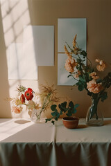 artistic frame canvas mock up in a curated whimsical studio setting with natural light and shadows in an artsy floral setting - ai generative art