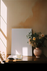artistic frame canvas mock up in a curated whimsical studio setting with natural light and shadows in an artsy floral setting - ai generative art