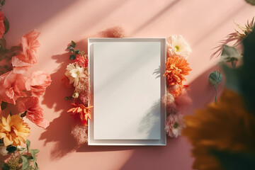 Fototapeta na wymiar artistic frame canvas mock up in a curated whimsical artistic studio setting with natural light and shadows with botanical flower elements - ai generative art
