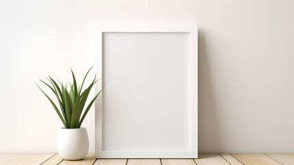 Empty square frame mockup in modern minimalist interior with plant on white wall background. AI generated	
