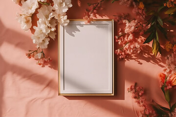 artistic frame canvas mock up in a curated whimsical artistic studio setting with natural light and shadows with botanical flower elements - ai generative art
