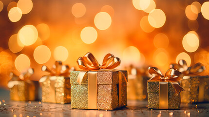 Golden Xmas gifts on christmas lights bokeh background.