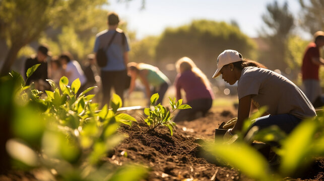 Community garden volunteers planting and gardening. AI generated