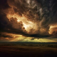 Naklejka na ściany i meble Dramatic scene of thunderstorm huge clouds illuminating the dark sky with generative ai