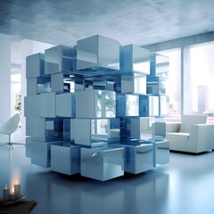 Modern architectural image of interior design with cubes as a design element sleek lines and a striking design with generative ai