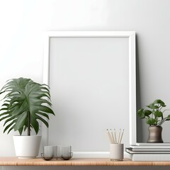 A mockup showcasing a white vertical frame with some accessories in an elegent and natural aesthetic style with generative ai