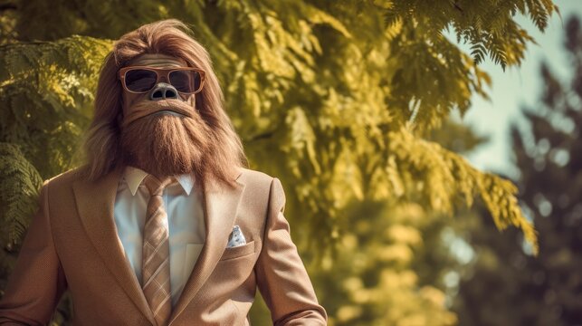 cool sasquatch wearing business suit and sunglasses portrait, created with Generative AI