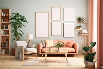 artistic frame canvas mock up in a curated whimsical studio living room setting with natural light and shadows - ai generative art	
