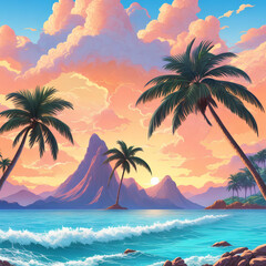 Fototapeta na wymiar Rest on the seashore, ocean. Waves, palm trees, sun. AI