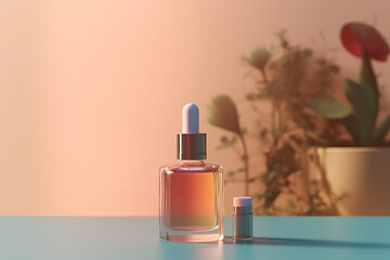 product photography illustration of a cosmetic beauty serum bottle mock up in a whimsical pastel setting with botanical elements - ai generative art