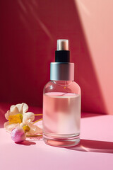 Fototapeta na wymiar product photography illustration of a cosmetic beauty serum bottle mock up in a whimsical pastel setting with botanical elements - ai generative art