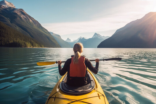 Rear view of woman kayaking at mountain lake. AI Generative