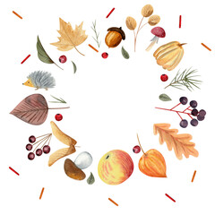 Wreath of autumn falling leaves of oak, maple, berry and mushroom. A set of clipart with cozy paraphernalia of the autumn season. Autumn elements, dried leaves and and berries.