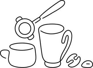 Different cups, coffee maker, drip kettle and aroma beans. Abstract creative line icon