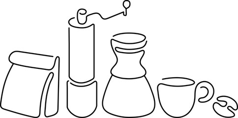 Different cups, coffee maker, drip kettle and aroma beans. Abstract creative line icon
