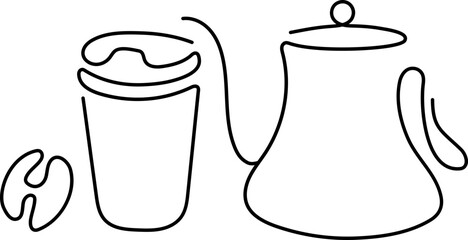 Different cups, coffee maker, drip kettle and aroma beans. Abstract creative line icon