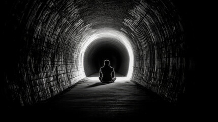 Silhouette of a person in the tunnel who is depressed, anxious, lonely, and upset. Pondering their mental health and future. - obrazy, fototapety, plakaty