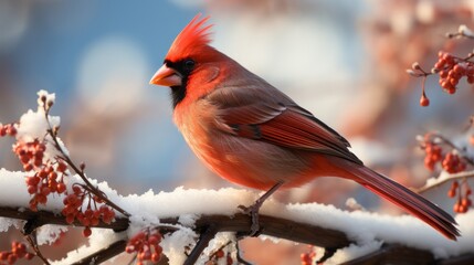 beautiful red cardinal on a snowy tree branch