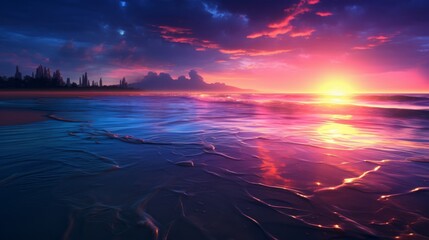 mesmorizing pink sunset over bioluminescent beach