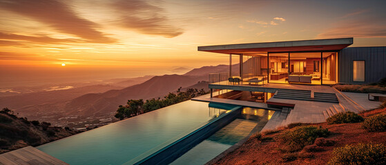 Beautiful modern house in the mountains of LA with a beautiful sunset view	