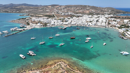 Aerial drone photo of famous picturesque main village or hora of Antiparos island, Cyclades, Greece