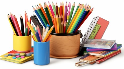 Fototapeta premium Stationery for school or office. Various writing instruments. horizontal image, generative AI