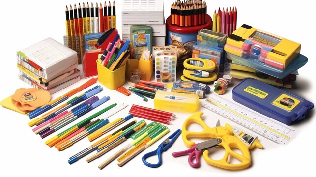 Stationery for school or office. Various writing instruments. horizontal image, generative AI