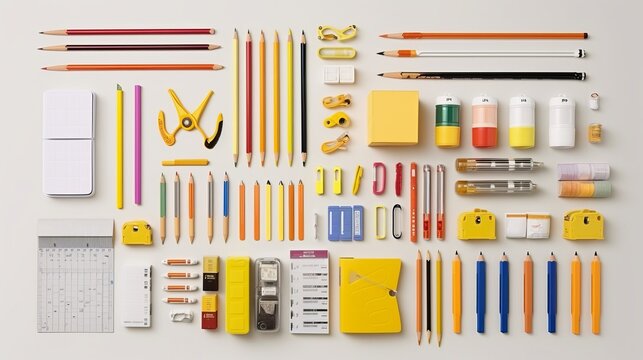 Stationery for school or office. Various writing instruments. horizontal image, generative AI