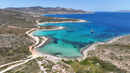Fototapeta premium Aerial drone photo of paradise secluded beaches in Nortern part of Antiparos island with crystal clear sea, Cyclades, Greece