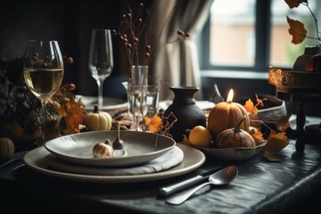 Naklejka premium Autumn dinner thanksgiving meal. Generate Ai