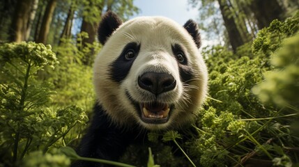 close up portrait of a happy panda in the forrest