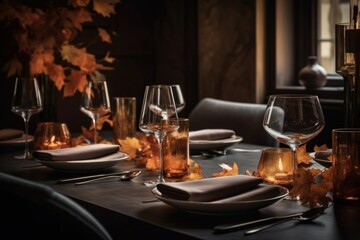 Fototapeta na wymiar Autumn dinner thanksgiving party. Generate Ai