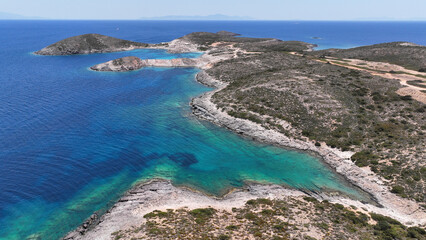 Obraz premium Aerial drone photo of paradise secluded beaches in Nortern part of Antiparos island with crystal clear sea, Cyclades, Greece