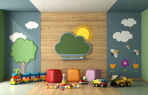 Colorful kindergarten classroom without childs