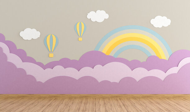 Empty playroom with decoration on background wall in pastel colors