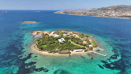 Aerial drone photo of small tropical islet of Revmatonisi near main village and port Antiaparos...