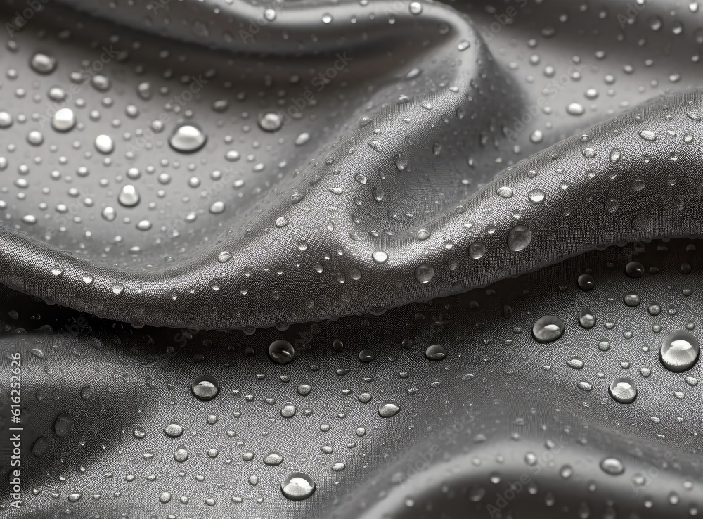 Poster water-repellent dark fabric of a jacket covered with drops of moisture. created with generative ai t