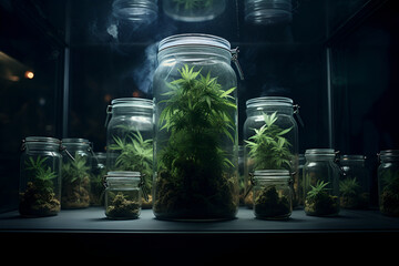 Medical cannabis concept. Big transparent jars full of dry and trimmed cannabis buds. CBG CBD weed storage. High quality photo. Generative AI