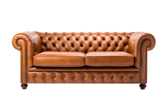 brown leather chesterfield sofa isolated on a transparent background, generative ai