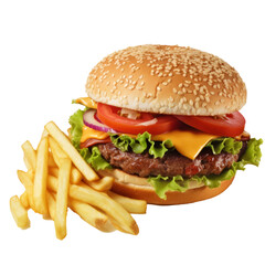 Deluxe Burger and French Fries Isolated on Transparent Background, American Meal Food Illustration