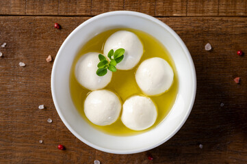 Labneh - yogurt balls with olive oil. Top view.