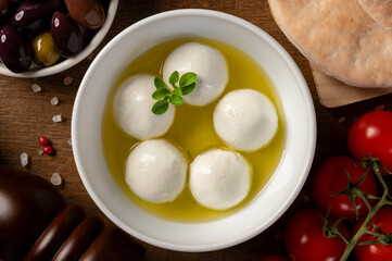Labneh - yogurt balls with olive oil. Top view.