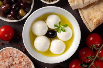 Labneh - yogurt balls with olive oil. Top view.