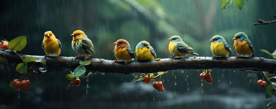 birds on the branches in the rain