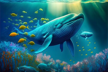 Naklejka na ściany i meble Blue whale protecting her 3 babies, colorful coral, dolphins watching, colorful jellyfish, schools of Angel fish, foliage, Water Reeds, bubbles, Disney animation, photorealistic, sense of awe