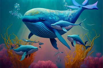 Obraz na płótnie Canvas Blue whale protecting her 3 babies, colorful coral, dolphins watching, colorful jellyfish, schools of Angel fish, foliage, Water Reeds, bubbles, Disney animation, photorealistic, sense of awe