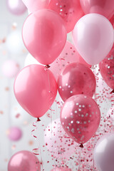 fliegende rosa pink und weiße Party Ballons mit Konfetti. Generative Ai.