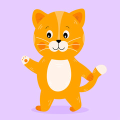 Cute funny cartoon walking red cat character. Illustration for children book, invitation, poster. Vector