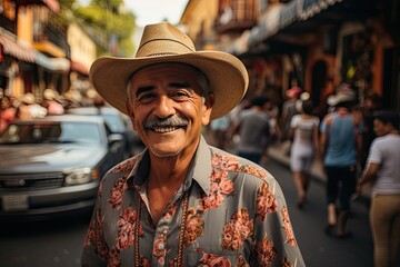 Smiling senior hispanic man posing in a latin american city street looking at the camera