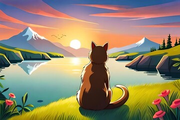 Cat watching sunset. Staring at the horizon. Beautiful landscape with lake. Generative AI